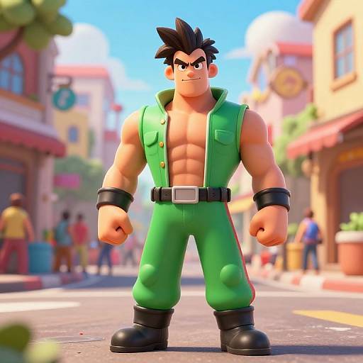 CGI image of a muscular, anime-style man with black spiky hair, green vest, and pants, standing on a sunny, bustling street.