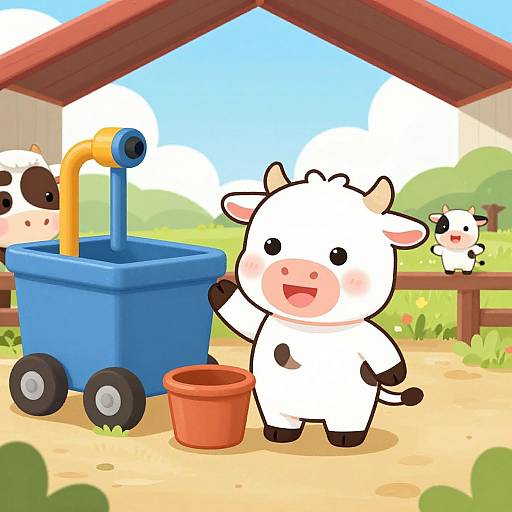 Cartoon cow with white and black spots, pink nose, and smiling face, stands next to blue water trough and orange pail, under red barn