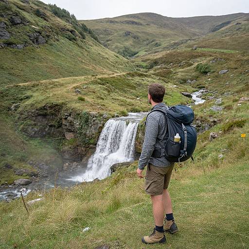 Photograph of a man with short brown hair, wearing a gray hoodie, khaki shorts, and hiking boots, standing on grassy hill overlooking a