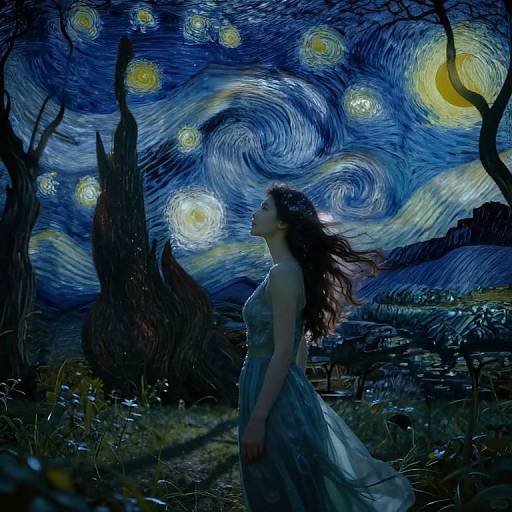Digital artwork of a woman with long, dark hair in a flowing blue dress, standing in a night landscape with swirling stars and moon, inspired by Vincent