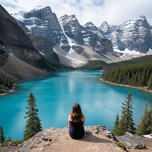 Photograph of a woman with long brown hair, sitting on a rocky ledge, facing a vivid turquoise lake with snow-capped mountains and evergreen trees