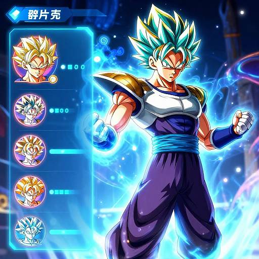 Digital anime artwork of Super Saiyan Blue Son Goku, glowing with electric blue aura, surrounded by smaller character portraits, in a futuristic, neon-lit
