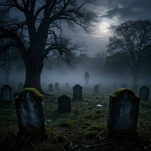 Misty, moonlit graveyard with moss-covered gravestones, bare trees, and fog-shrouded background; eerie, atmospheric photograph with dark blues