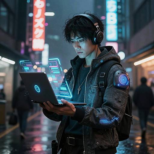 Cyberpunk Digital Nomad in Neon Street