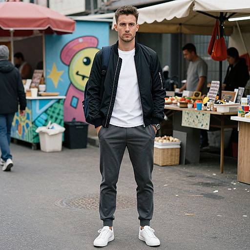 Photograph of a young man with short brown hair, wearing a black jacket, white t-shirt, gray pants, and white sneakers, standing in front