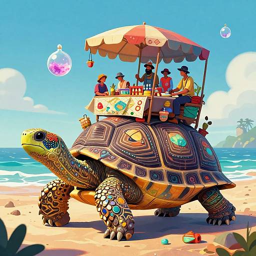 Vibrant digital illustration of a decorated turtle taxi on a sunny beach, carrying six colorful-clad people under a red umbrella.