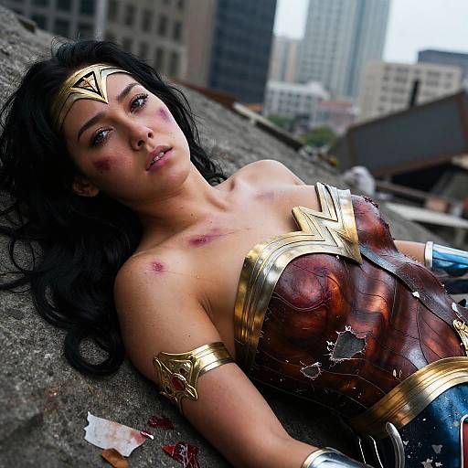 Photograph of a bruised, black-haired woman in Wonder Woman costume lying on rubble, cityscape background, golden tiara, broken armor, blood