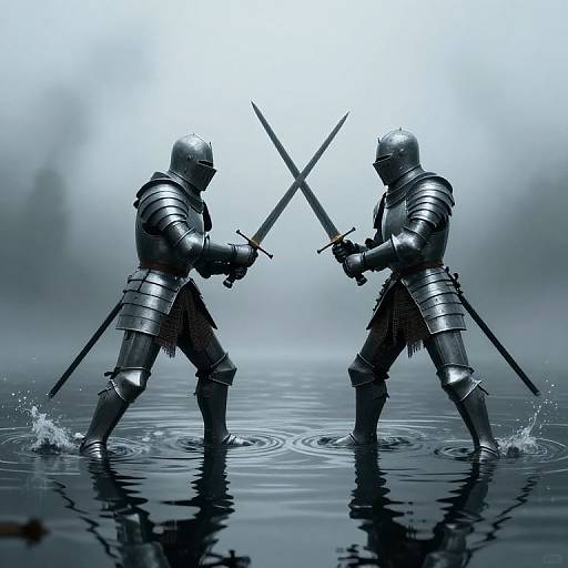 Digital artwork of two armored knights in a misty, foggy lake, facing each other with crossed swords, creating ripples in the water.