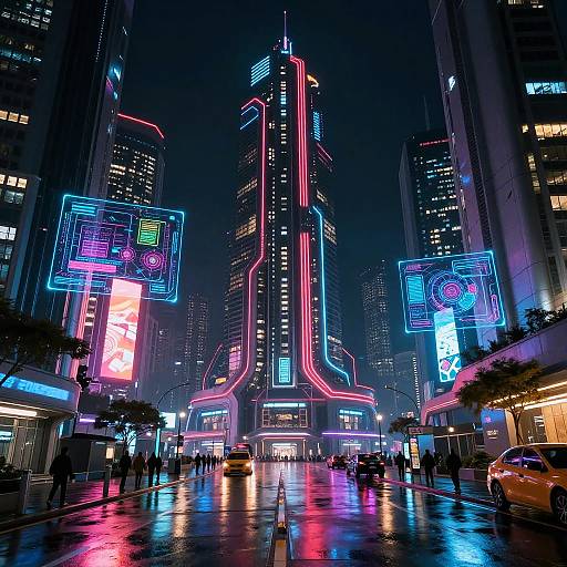 Neon-lit, futuristic city street at night with a towering skyscraper illuminated in vibrant pink and blue lights, surrounded by glowing billboards and wet