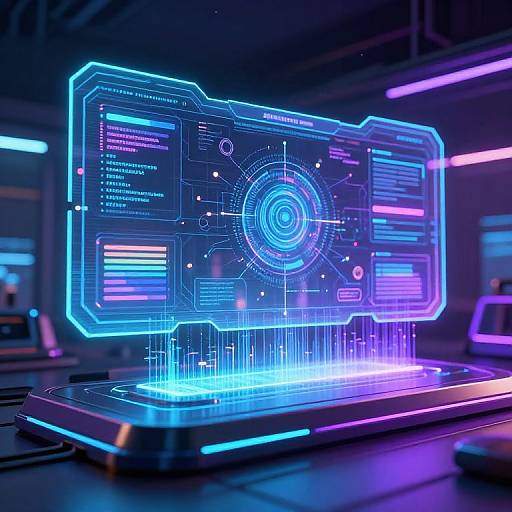 Photorealistic CGI of a glowing, neon-blue, futuristic holographic interface with circular central display and vertical light bars on a sleek, dark platform in