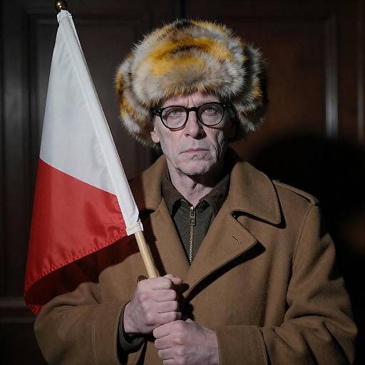 Man Holding Polish Flag with Fur Hat