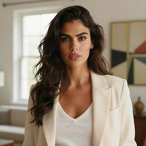 Photograph of a serious-looking woman with long, wavy dark hair, wearing a white V-neck top and blazer, standing in a bright,