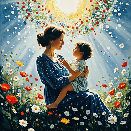 Mother and Child with Floating Flowers in Soft Morning Light