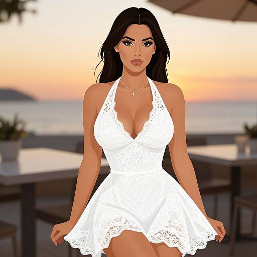 Digital illustration of a sexy woman with long black hair, tan skin, and large breasts, wearing a white lace halter dress, standing outdoors at sunset