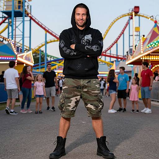 Confident Man in Urban Carnival Scene