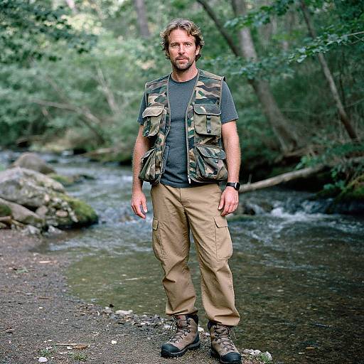 Photograph of a bearded man with wavy brown hair, wearing a camo vest, gray t-shirt, beige cargo pants, and hiking boots