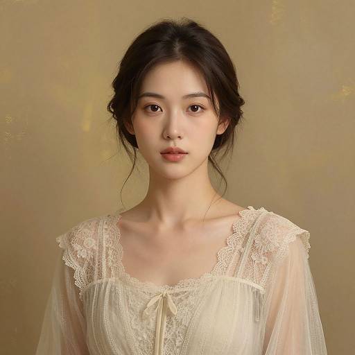 Photograph of an East Asian woman with fair skin, black hair in a loose bun, wearing a sheer, lace-trimmed white blouse against a