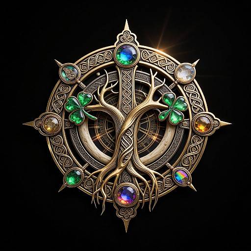 Digital artwork of an ornate, golden Celtic knot with colorful, gemstone-like accents in blue, green, orange, and purple on a black background
