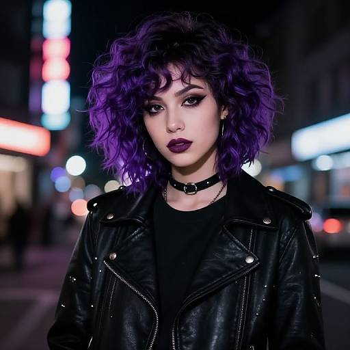 Photograph of a young woman with curly purple hair, dark lipstick, black leather jacket, and choker, standing in a neon-lit urban night