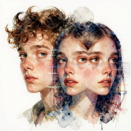 Digital watercolor portrait of a young curly-haired man and a woman with straight brown hair, both with fair skin and red lips, overlapping faces against a