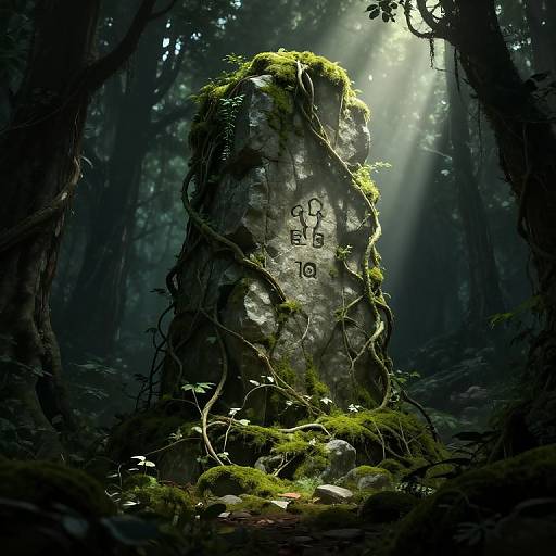Photorealistic CGI of a moss-covered, ancient stone monument with vines and runes, bathed in sunlight in a dark, dense forest.