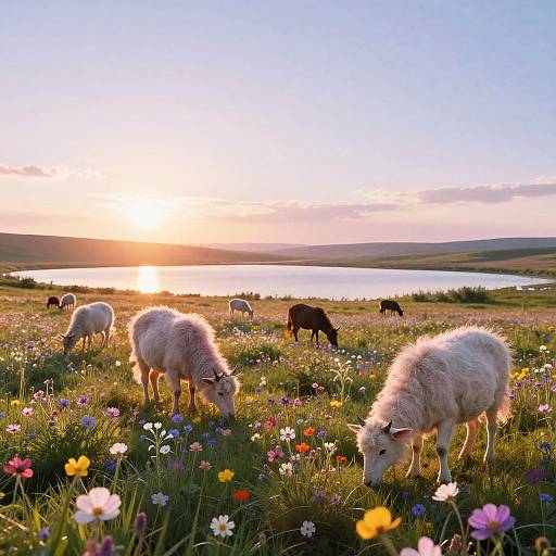 Photograph of a sunset over a grassy meadow with colorful wildflowers, featuring several fluffy white sheep grazing, and a few black sheep in the