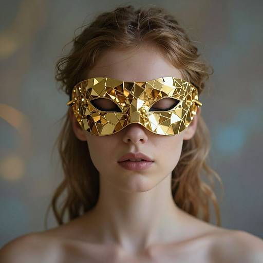 Photograph of a young woman with light brown hair, wearing a reflective, gold geometric masquerade mask, against a blurred, bokeh background.