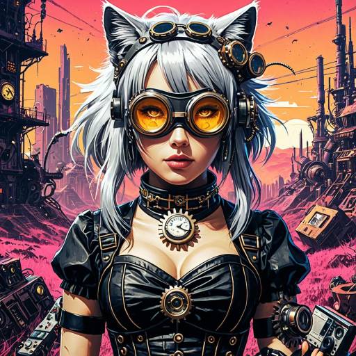 Steampunk Feline Woman in Dystopian Cityscape