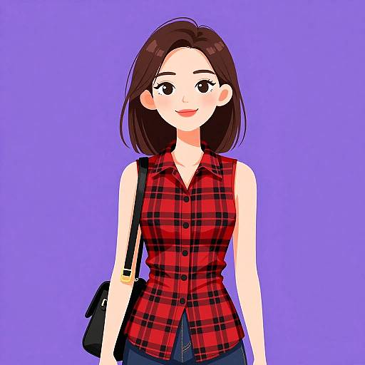 Smiling Woman in Red Plaid Shirt