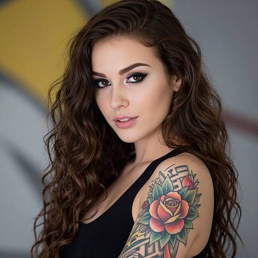 Photograph of a fair-skinned woman with long, wavy brown hair, black sleeveless top, and colorful rose and geometric tattoo on her right