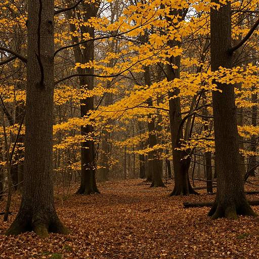 Photograph of a dense forest with tall trees, vibrant yellow-orange autumn leaves, and a carpet of fallen leaves on the forest floor.