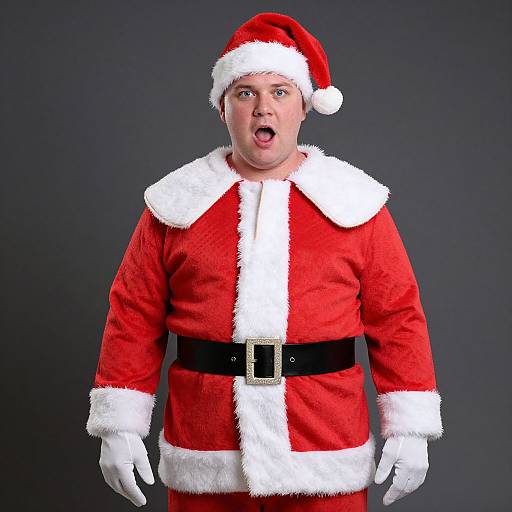 Photograph of a surprised, overweight man in a red Santa Claus costume with white fur trim, black belt, white gloves, and a Santa hat,
