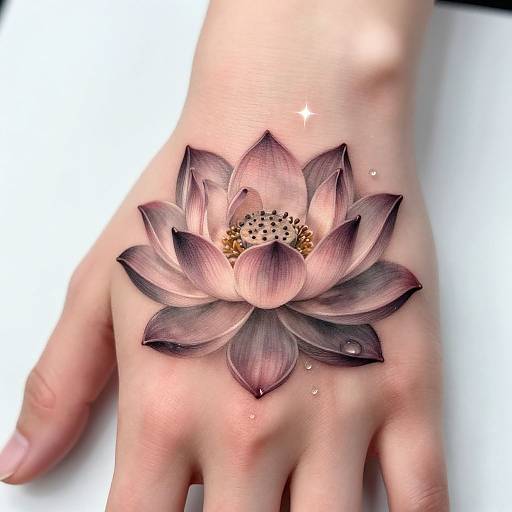Photograph of a hand with a detailed, realistic lotus flower tattoo in shades of pink and purple on the wrist.