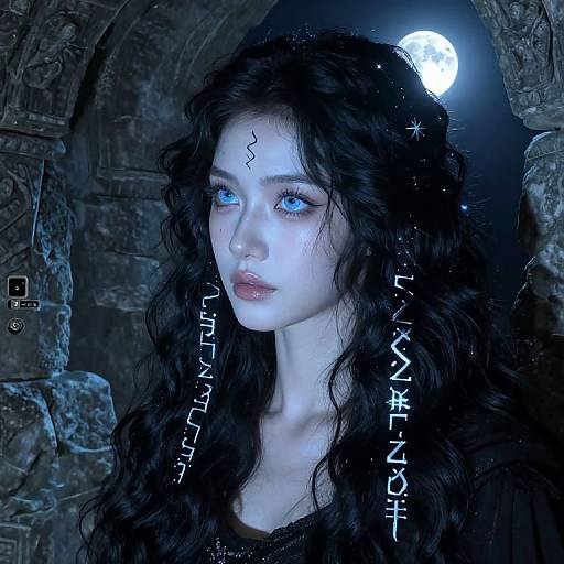Digital artwork of a pale, blue-eyed woman with curly black hair, wearing a black top, in a moonlit, stone archway. Japanese text