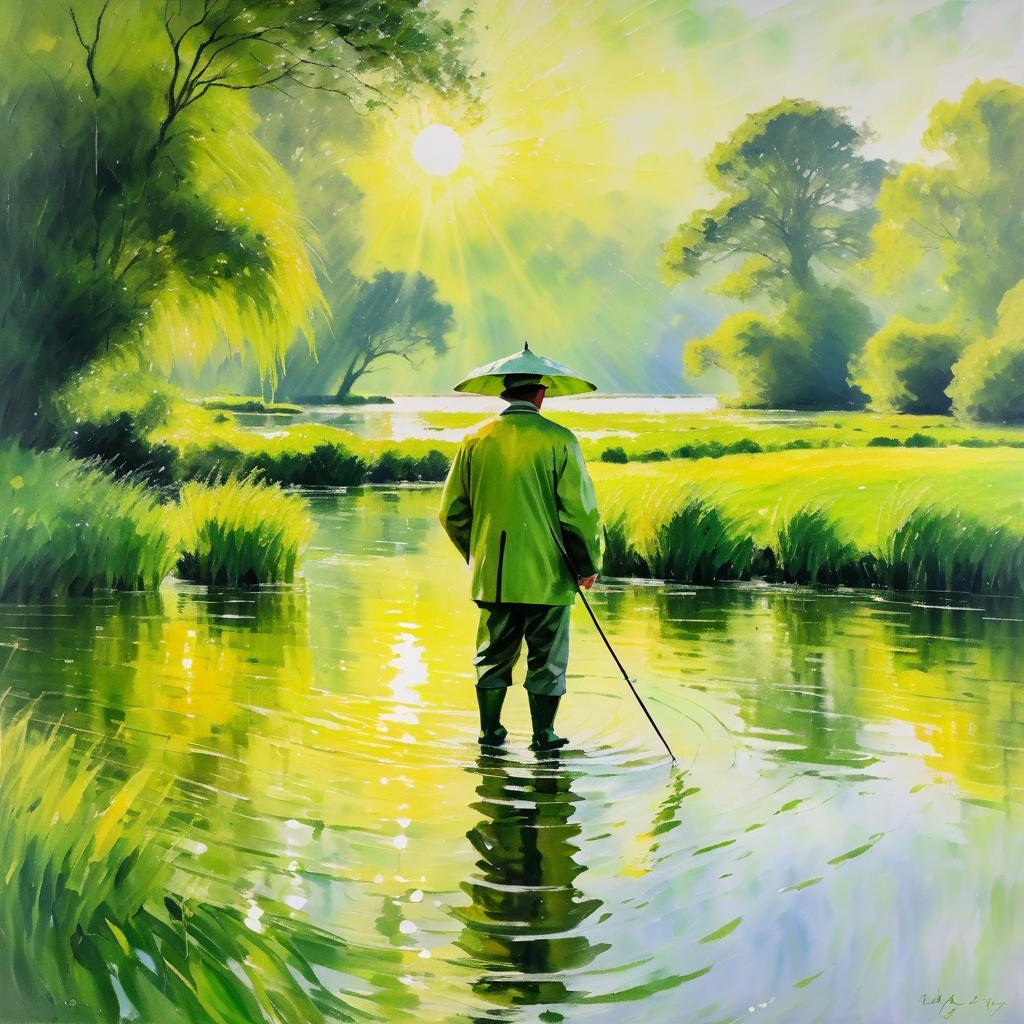 Fisherman in Rainy Monet Landscape