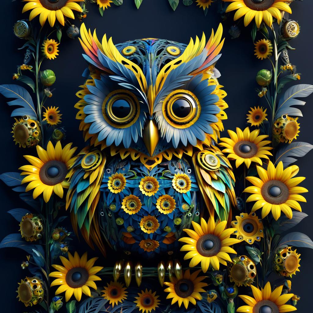 Vibrant Cyborg Owl with Sunflowers