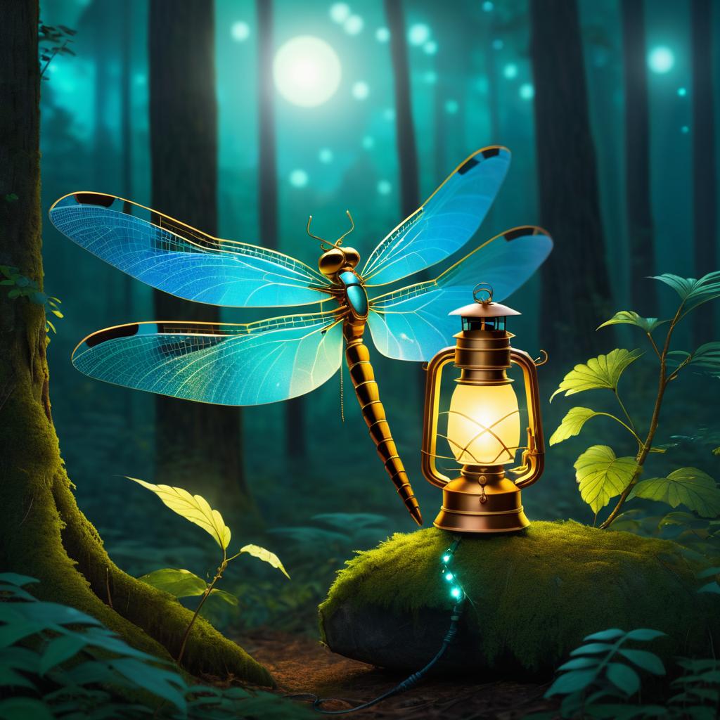 Mechanical Dragonfly Lantern in Forest