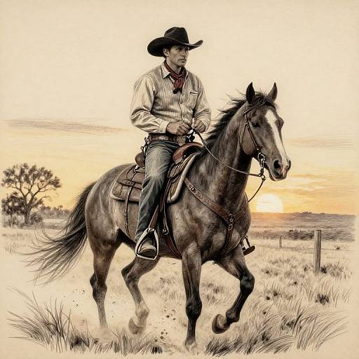 Photograph of a cowboy in a black hat, white shirt, and blue jeans riding a dark brown horse through a sunlit, grassy field at