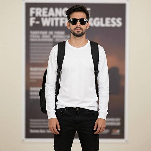 Photograph of a bearded man with dark hair, wearing black sunglasses, white long-sleeve shirt, black pants, and backpack, standing in