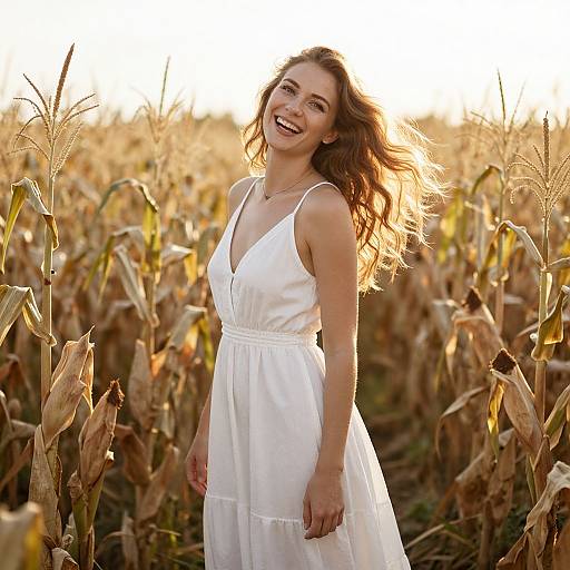 Photograph of a smiling young woman with wavy brown hair in a white sundress, standing in a golden, sunlit cornfield.