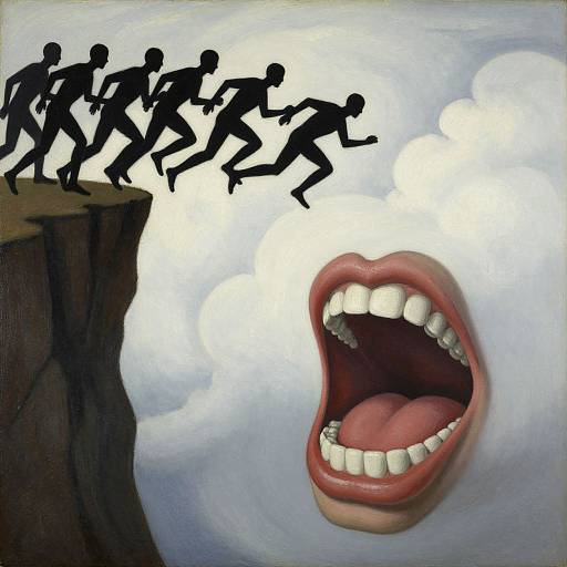 Digital painting of a giant open mouth with white teeth and pink tongue, chasing six black silhouetted men running on a cliff.