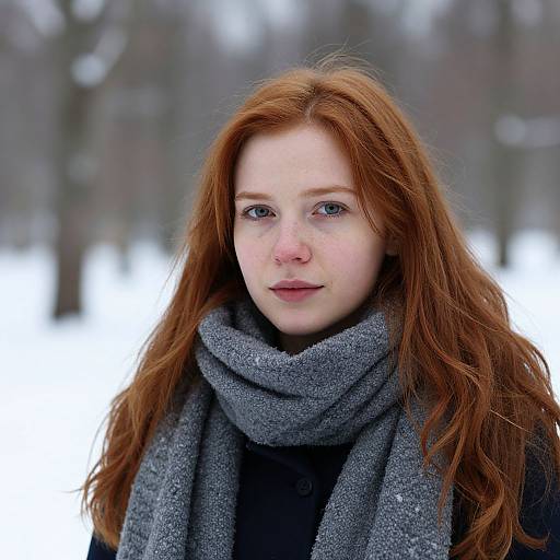 Photograph of a fair-skinned woman with long red hair, wearing a gray scarf, standing in a snowy, blurred forest background.