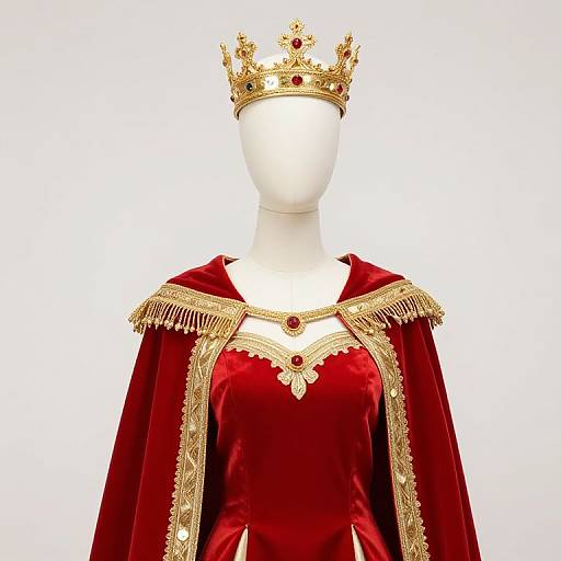 Photograph of a white mannequin wearing a royal red velvet gown with gold fringe and embroidery, topped with a gold crown adorned with red and green