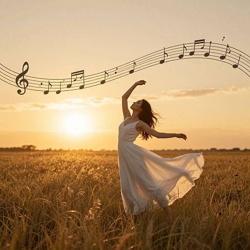 Photograph of a woman in a flowing white dress dancing in a golden field at sunset, with musical notes arching above her.