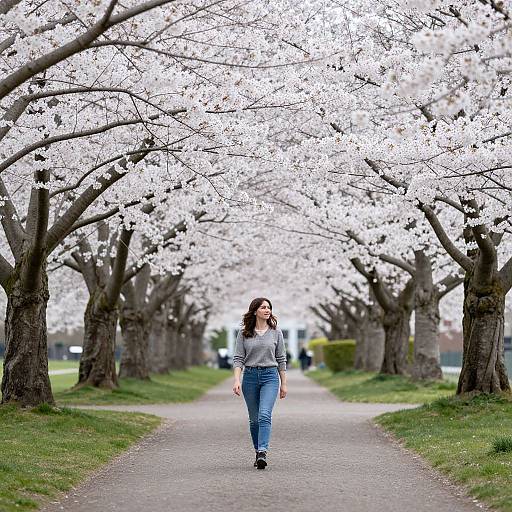 Photograph of a young woman with long brown hair, wearing a gray sweater and blue jeans, walking down a tree-lined path adorned with blooming white