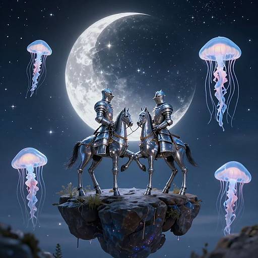 Photorealistic CGI: Two metallic knights on horses, standing on a rock, under a bright full moon, surrounded by glowing jellyfish.