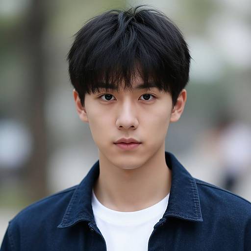 Photograph of an Asian young man with straight black hair, wearing a black denim jacket over a white shirt, standing outdoors with a blurred green and gray