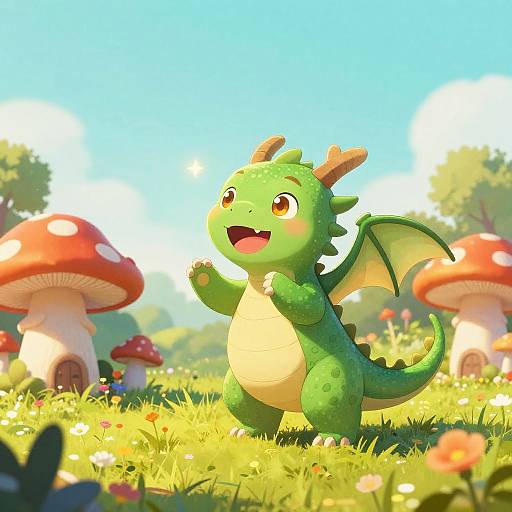 Cute green dragon with small horns and wings stands joyfully in a sunny meadow with red-and-white mushrooms and colorful flowers. Digital art, vibrant