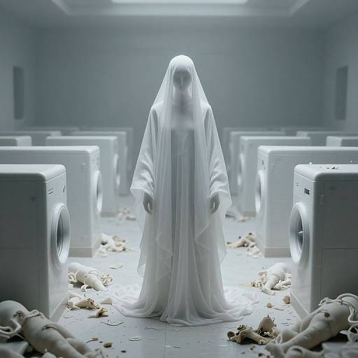 Ghostly figure in white sheet standing amidst broken washing machines and scattered clothes in a dimly lit, eerie room.