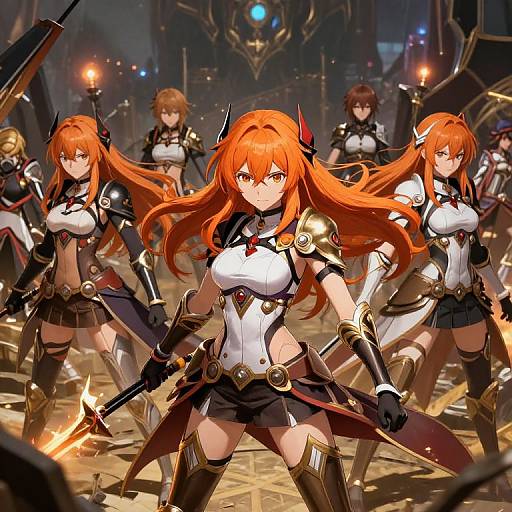 Digital anime-style illustration of five fierce, orange-haired female warriors with large breasts, black and white armored outfits, and glowing weapons in a dark, futuristic